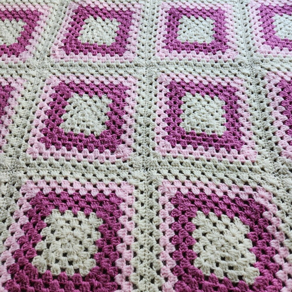 Granny Blanket Crochet Pink White Squares Color Hand Made 70 in x 58 in FastShip - Picture 4 of 8